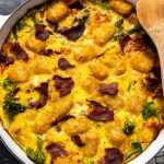 Bacon Broccoli Tot Breakfast Casserole in a baking dish ready to be served.