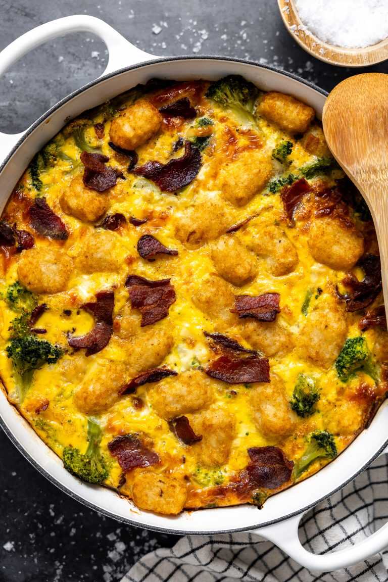 Bacon Broccoli Tot Breakfast Casserole in a baking dish ready to be served.