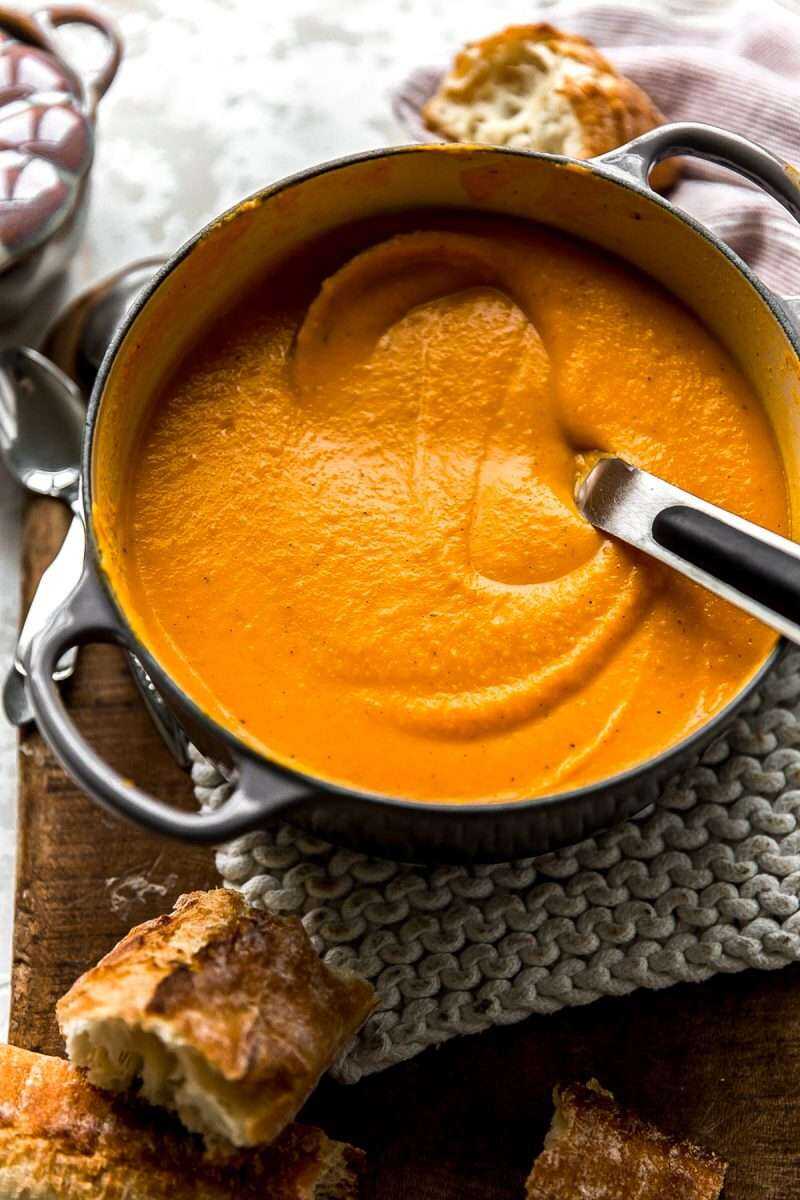 Roasted Butternut Squash Soup in a saucepan.