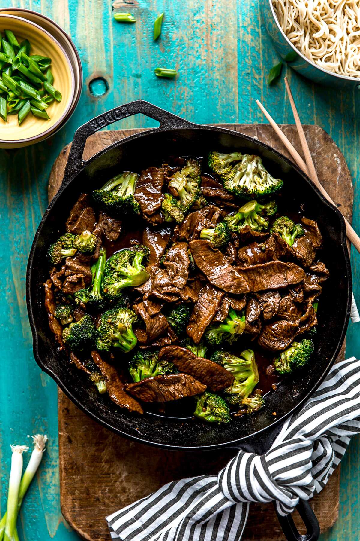 Teriyaki beef and broccoli in a skillet. 