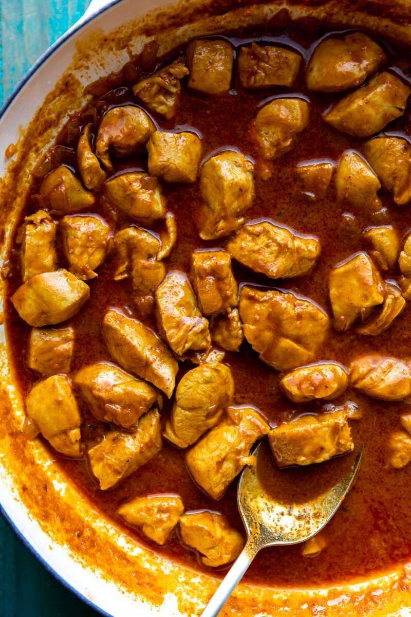 Chicken simmered in the coconut curry sauce.