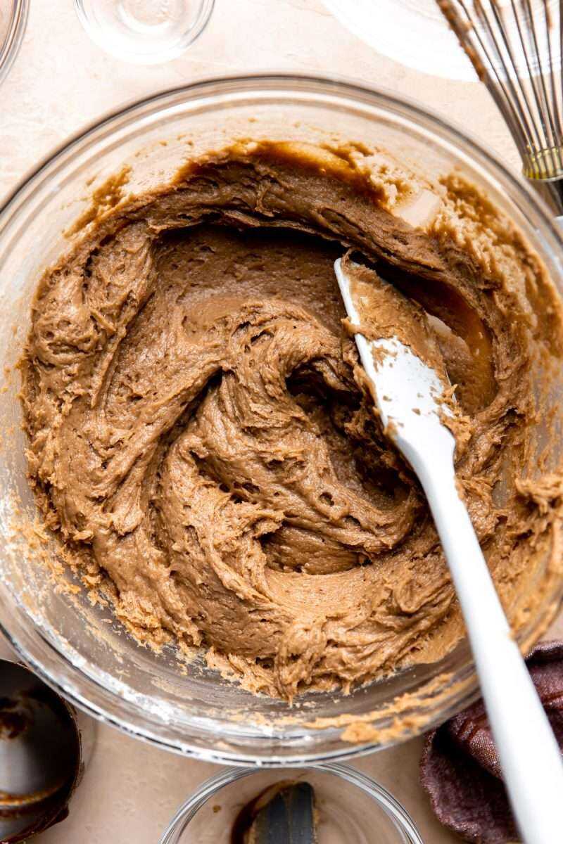 Spiced apple butter bread batter mixed together. 