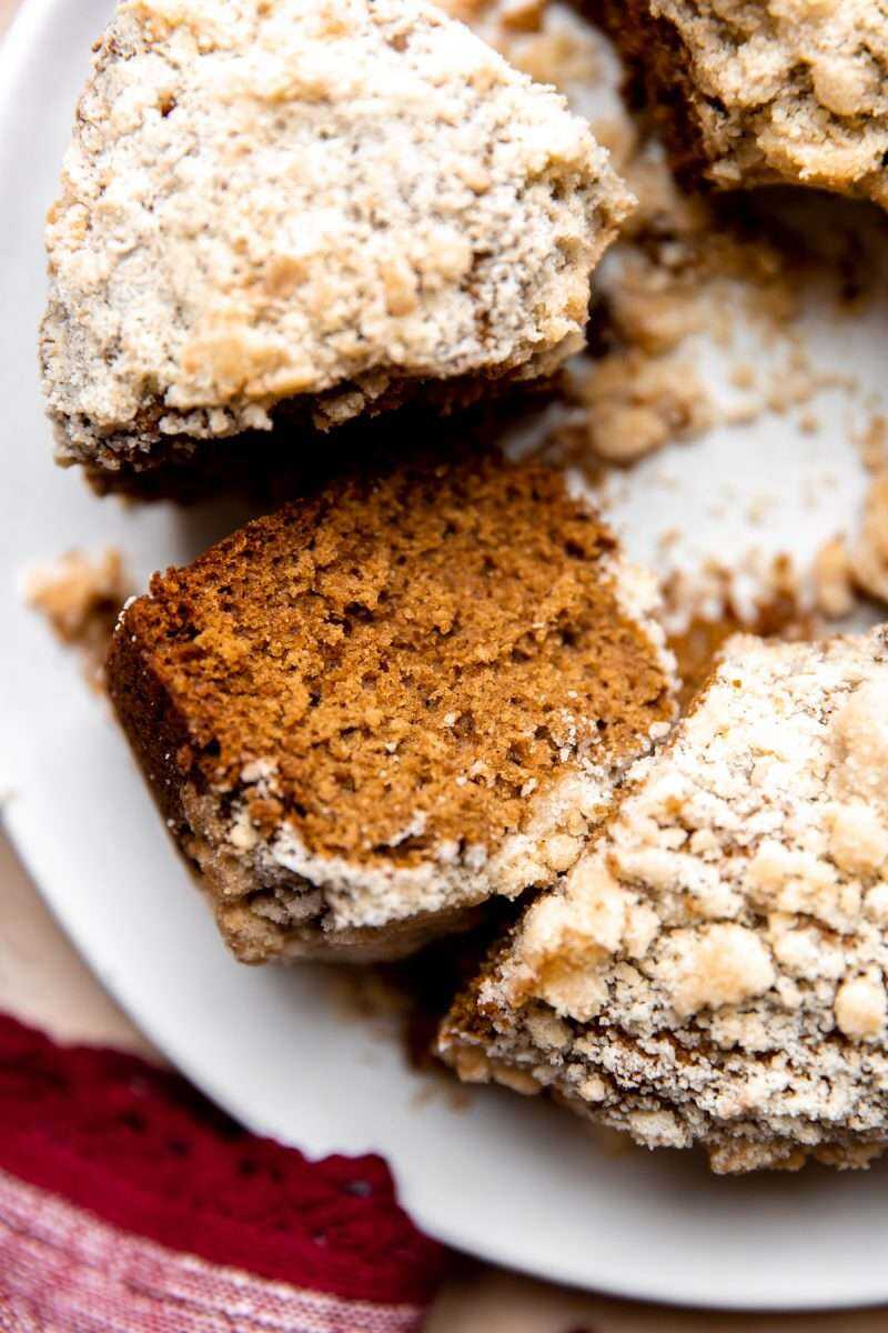 A close-up photo of a slice of apple butter coffee cake.