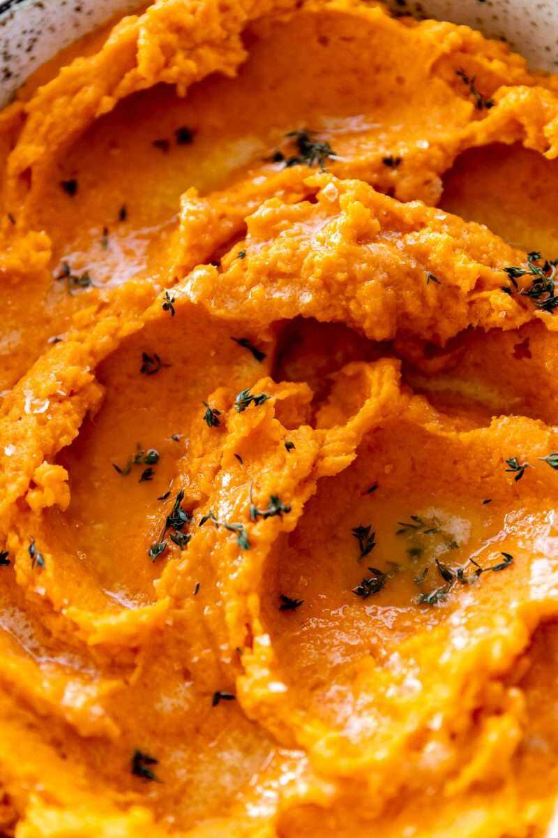 A close-up photo of mashed sweet potatoes.
