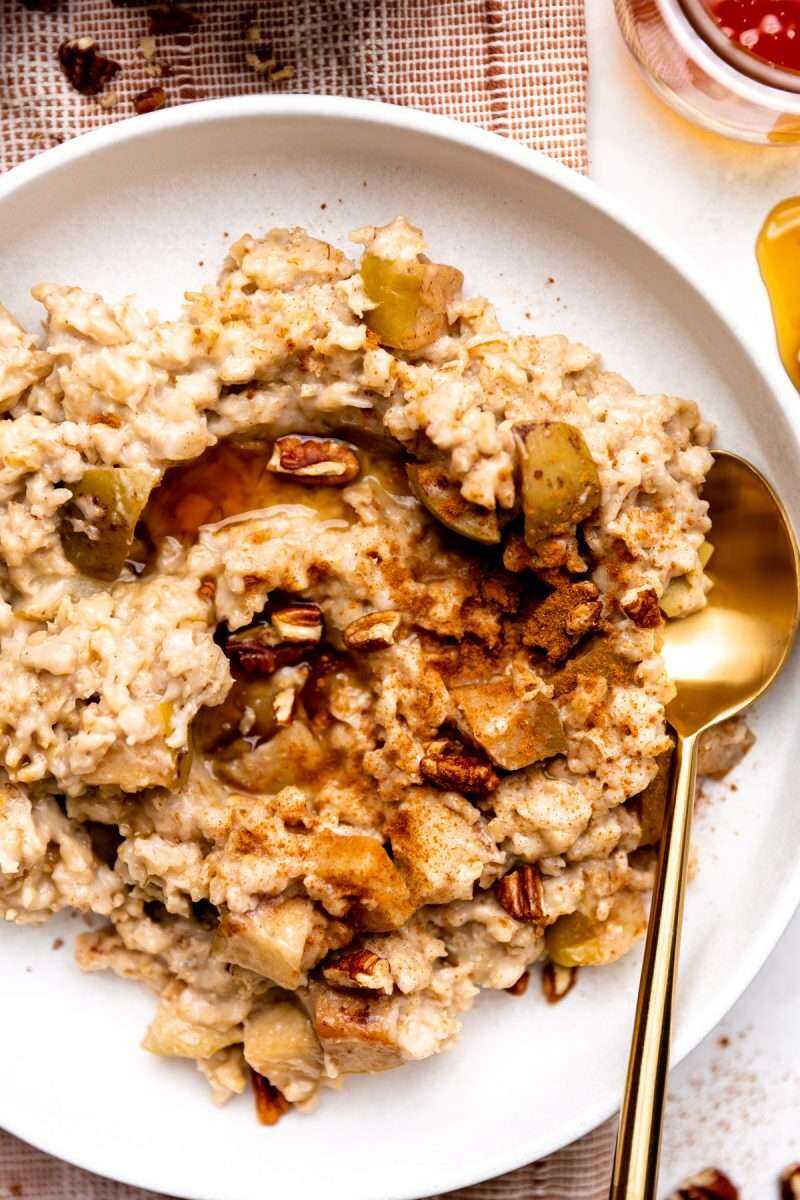 an overhead closeup photo of cooked oatmeal and apples in a white bowl topped with cinnamon.