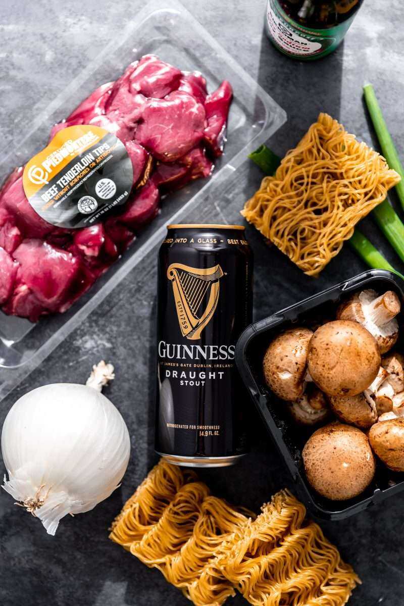 All of the ingredients needed for beer braised beef ramen.