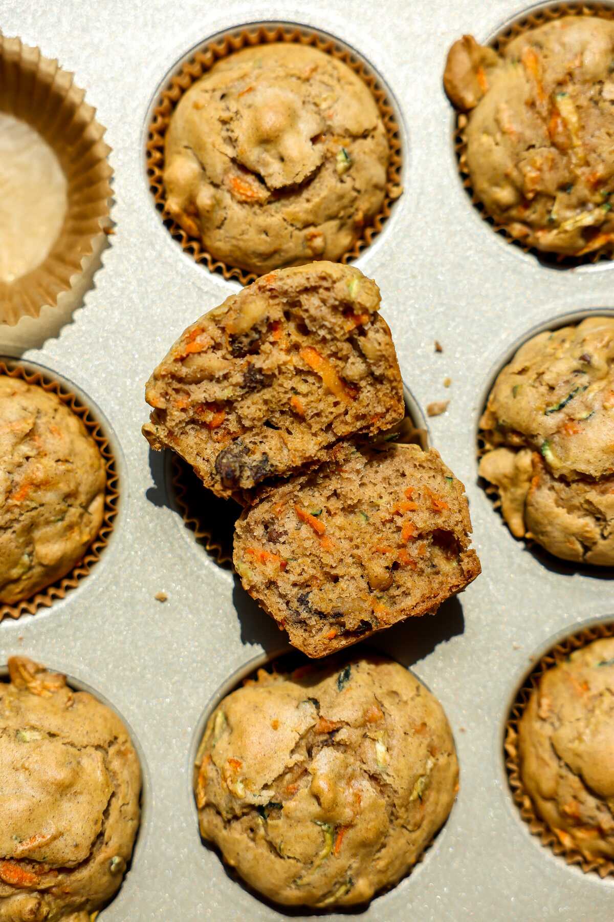 carrot zucchini muffins cooked and cut down the middle 