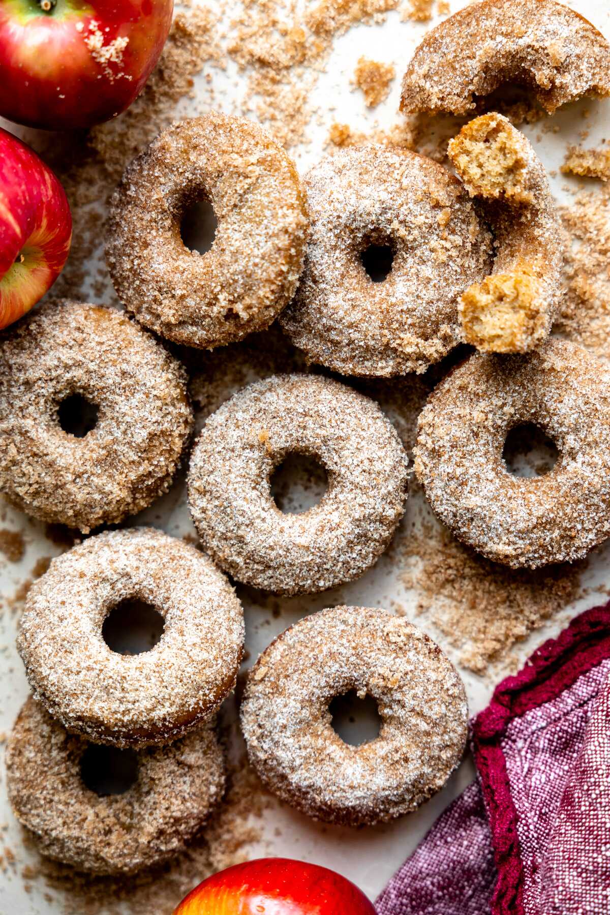 Baked apple cider donuts coated in cinnamon sugar. 