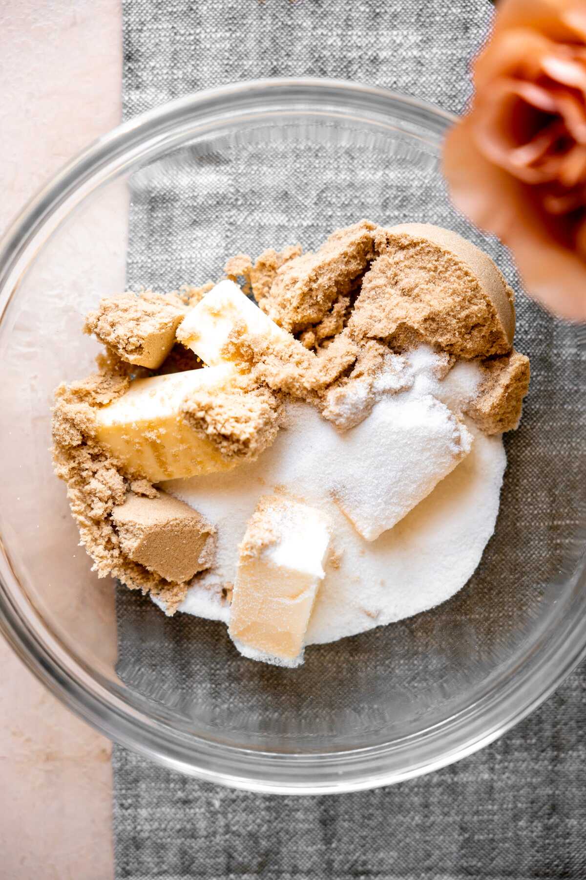 Cookie dough ingredients combined together in a bowl. 