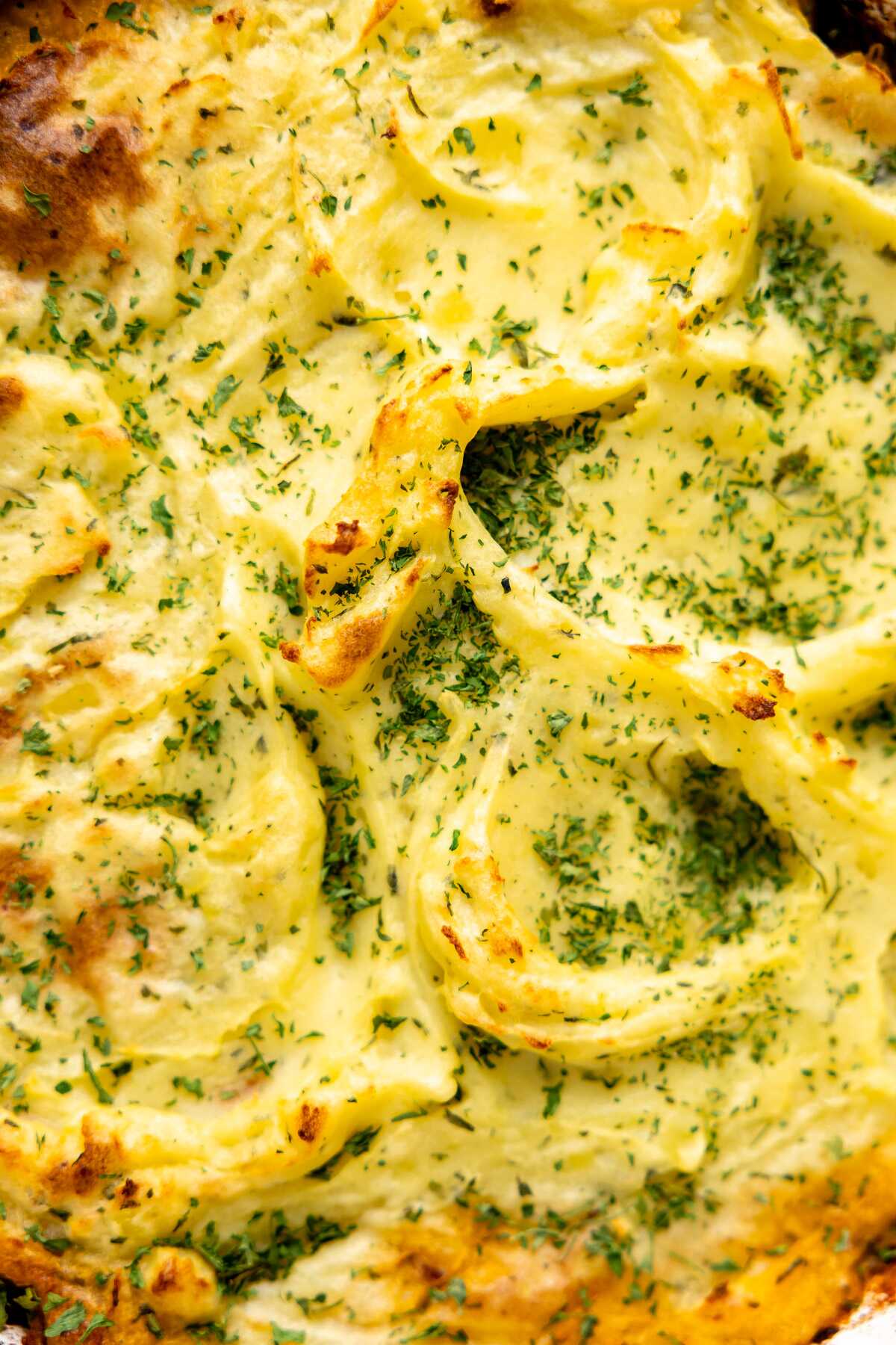 A close-up photo of the mashed potato topping. 
