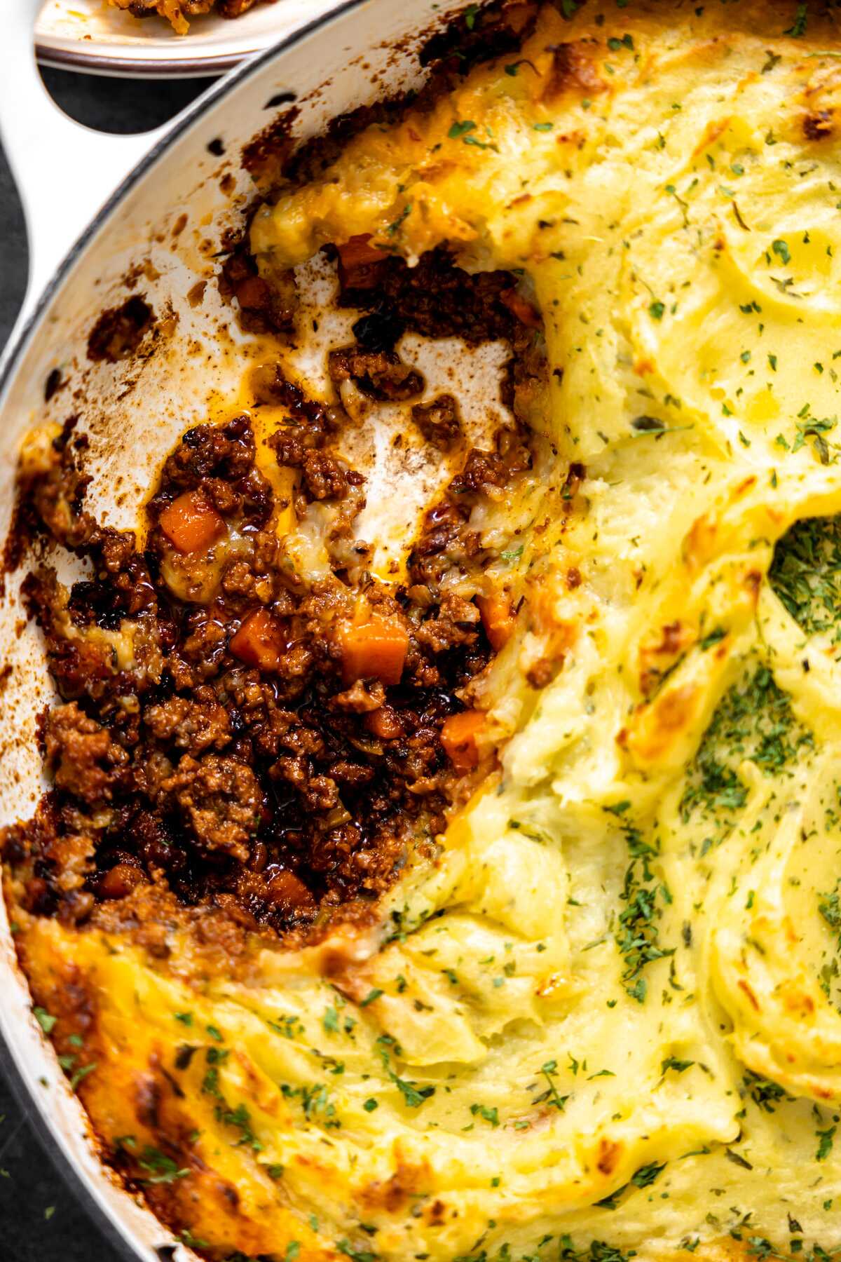 A close-up photo of the filling of the shepherd's pie. 