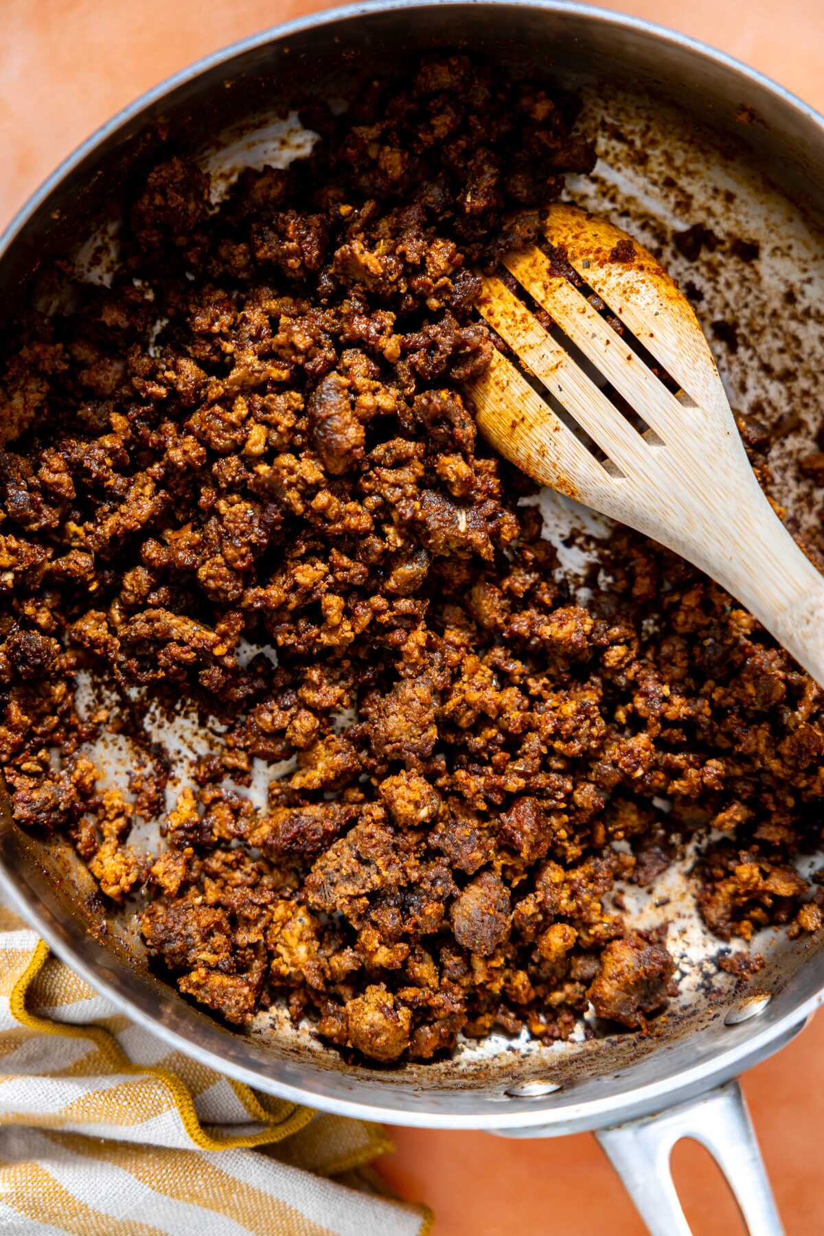 Ground taco meat in a skillet.
