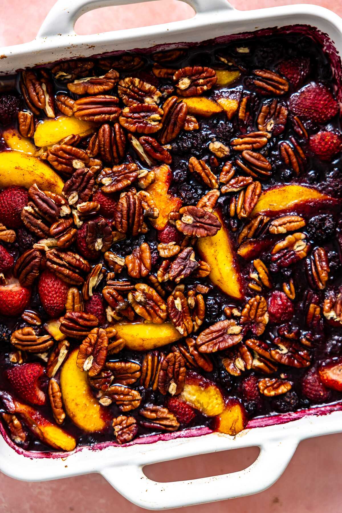 A baked fruit dump out of the oven.