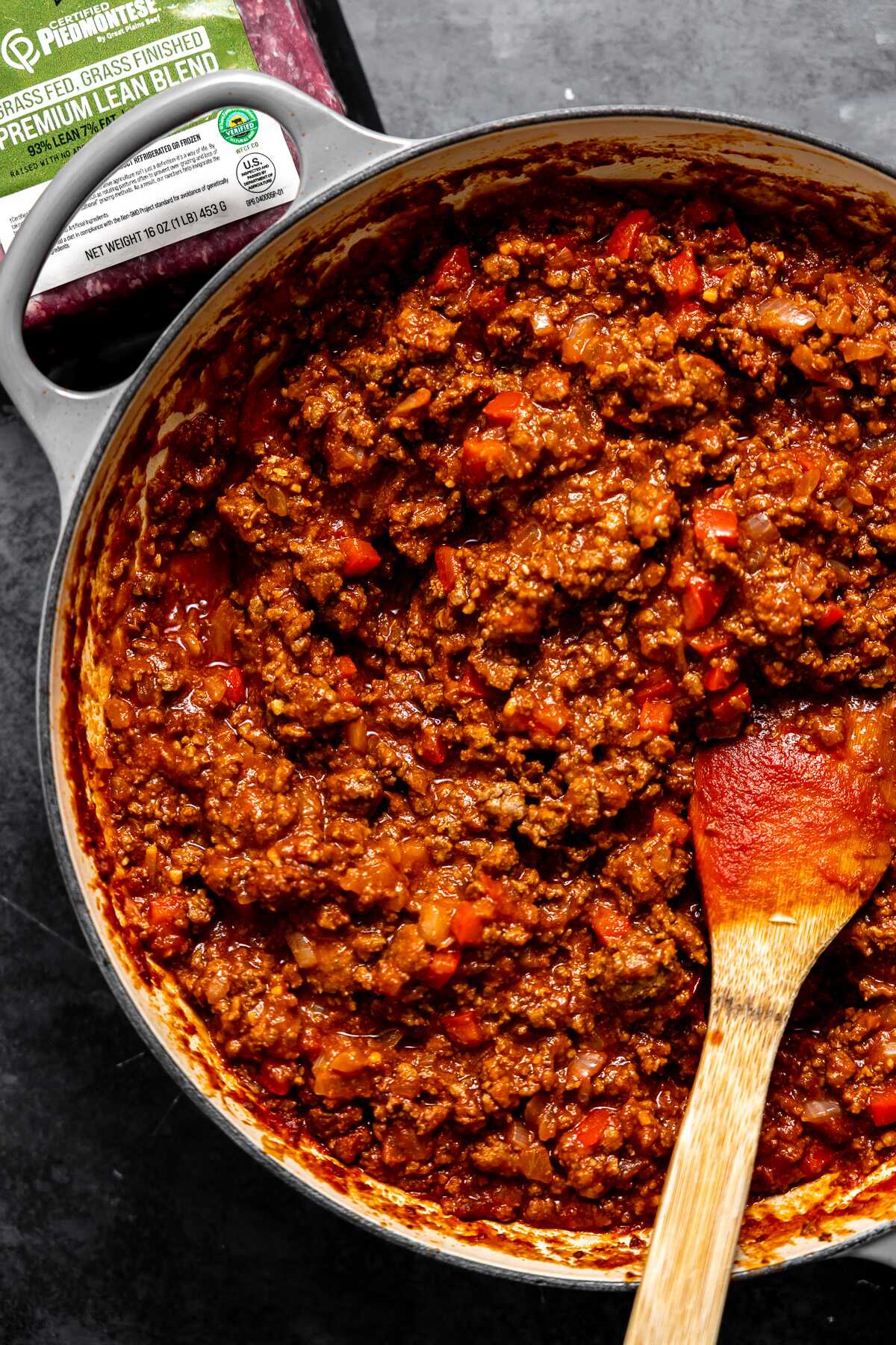 Simmered sloppy joe filling in a skillet. 