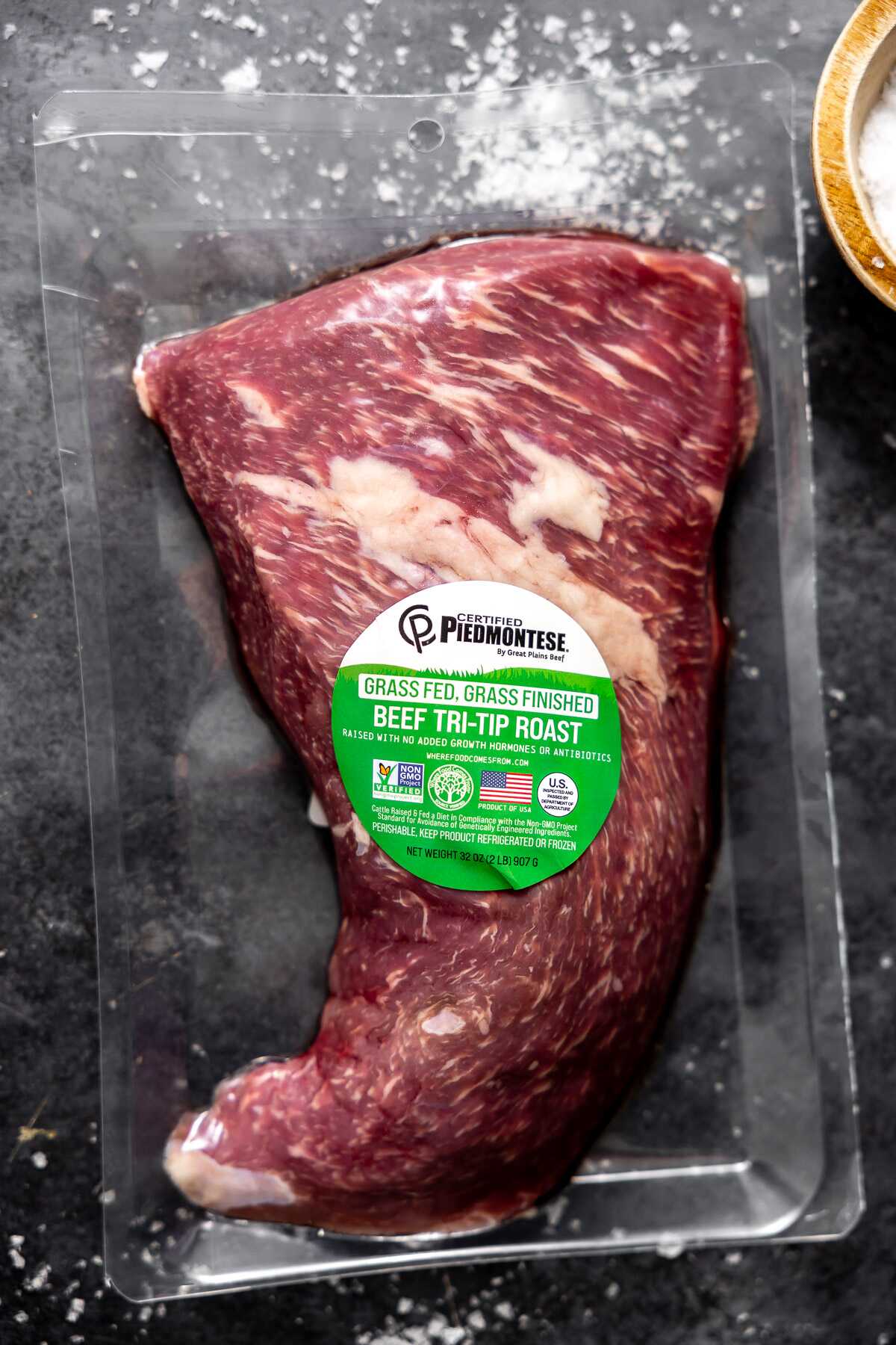 Certified Piedmontese grass fed, grass finished tri-tip in it's packaging. 