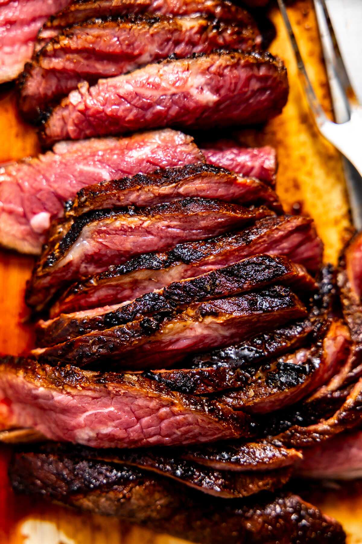 Sliced coffee rubbed tri-tip.