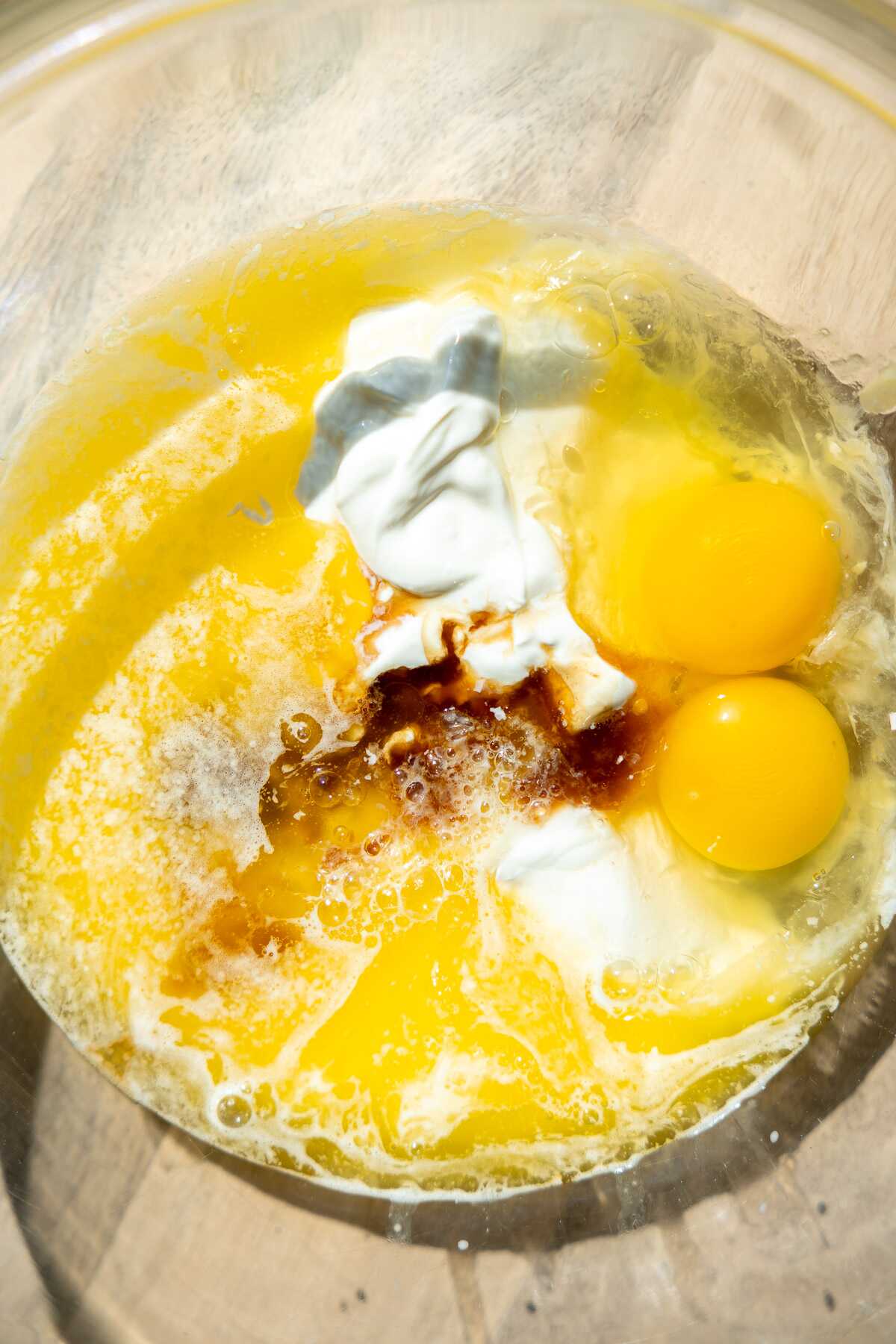 The wet ingredients for the espresso coffee cake in a bowl. 