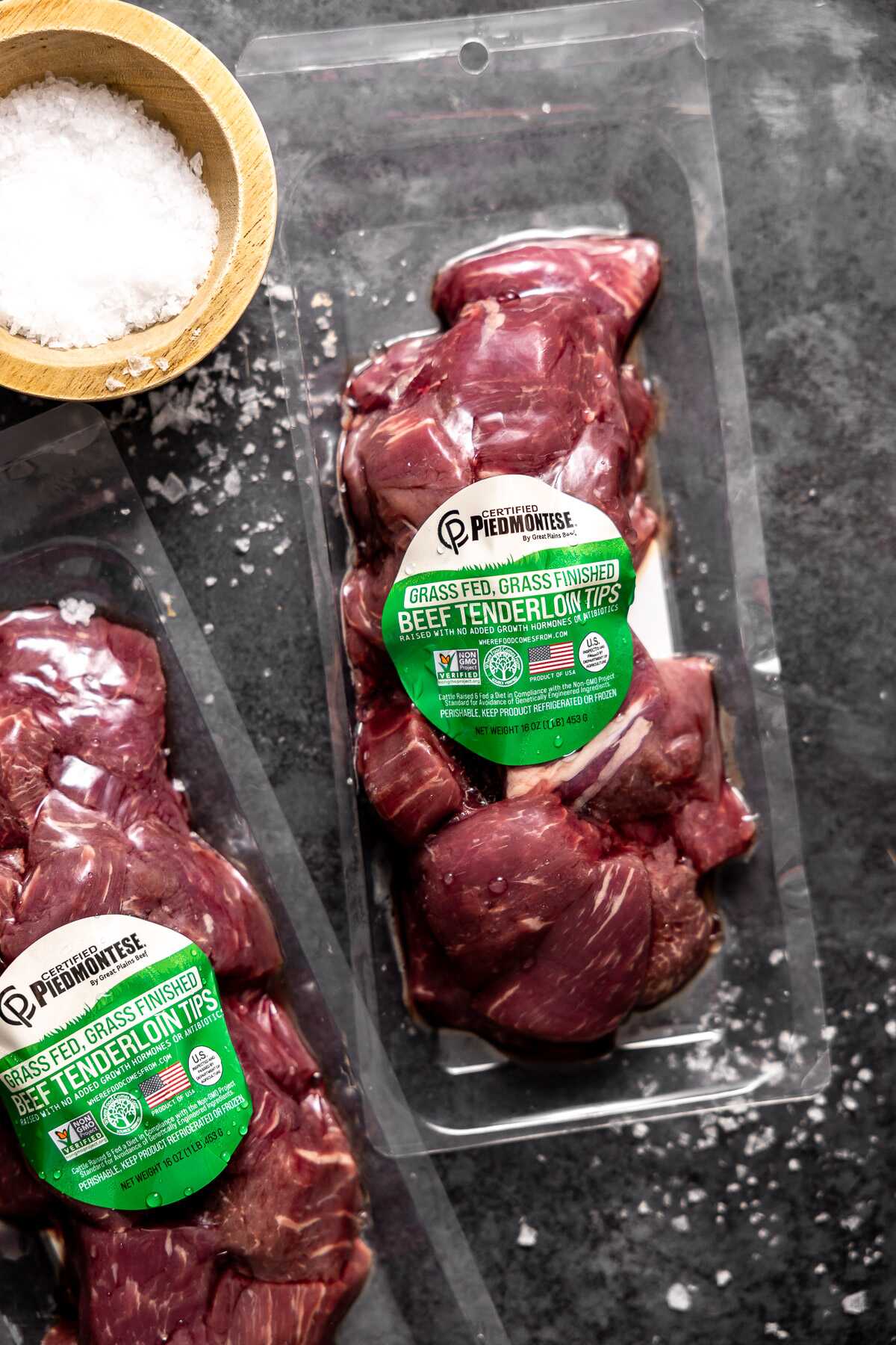 an overhead look of certified peidmontese tenderloin wrapped and on the counter 