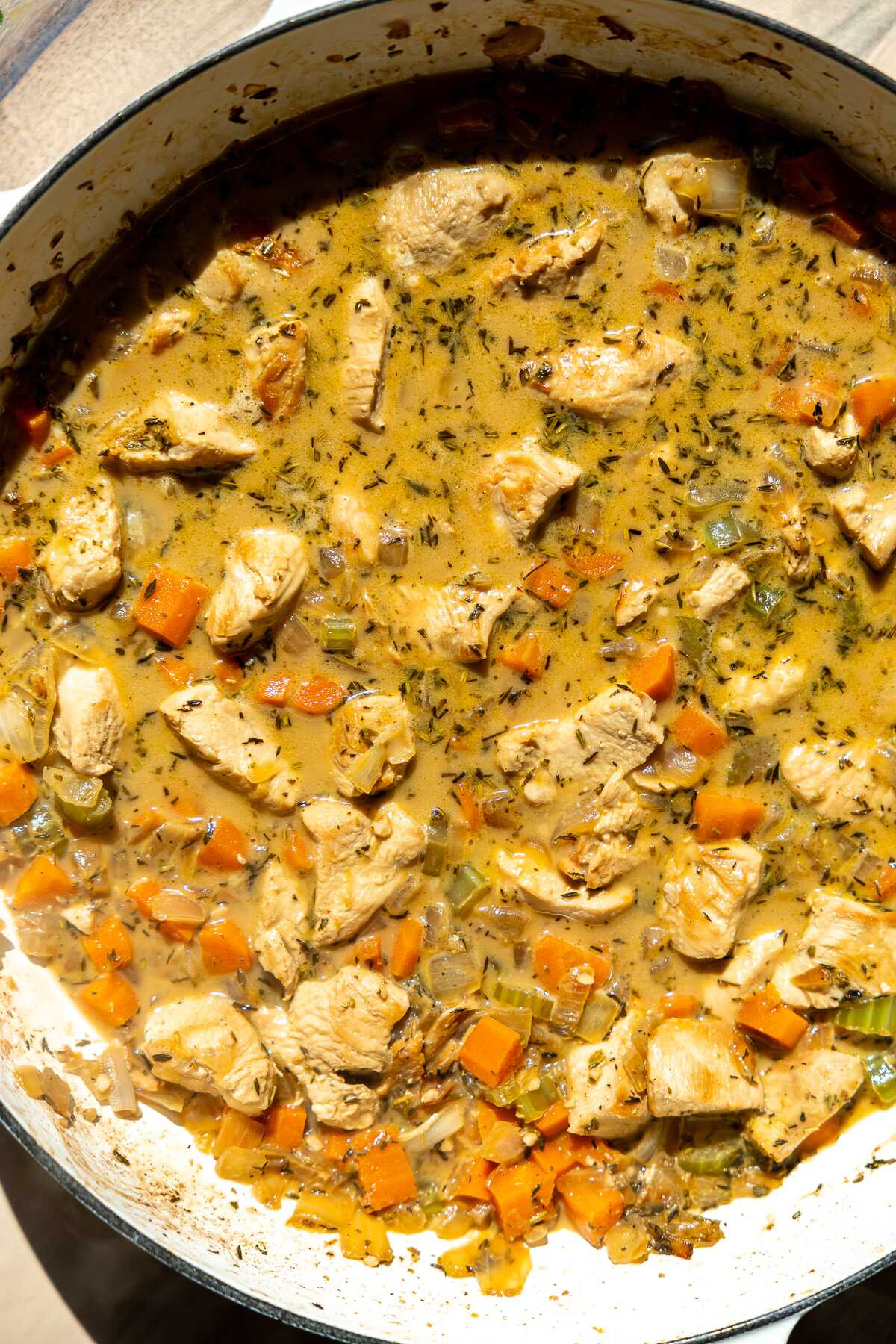 The dairy free chicken tater tot filling prior to being topped with tater tots. 