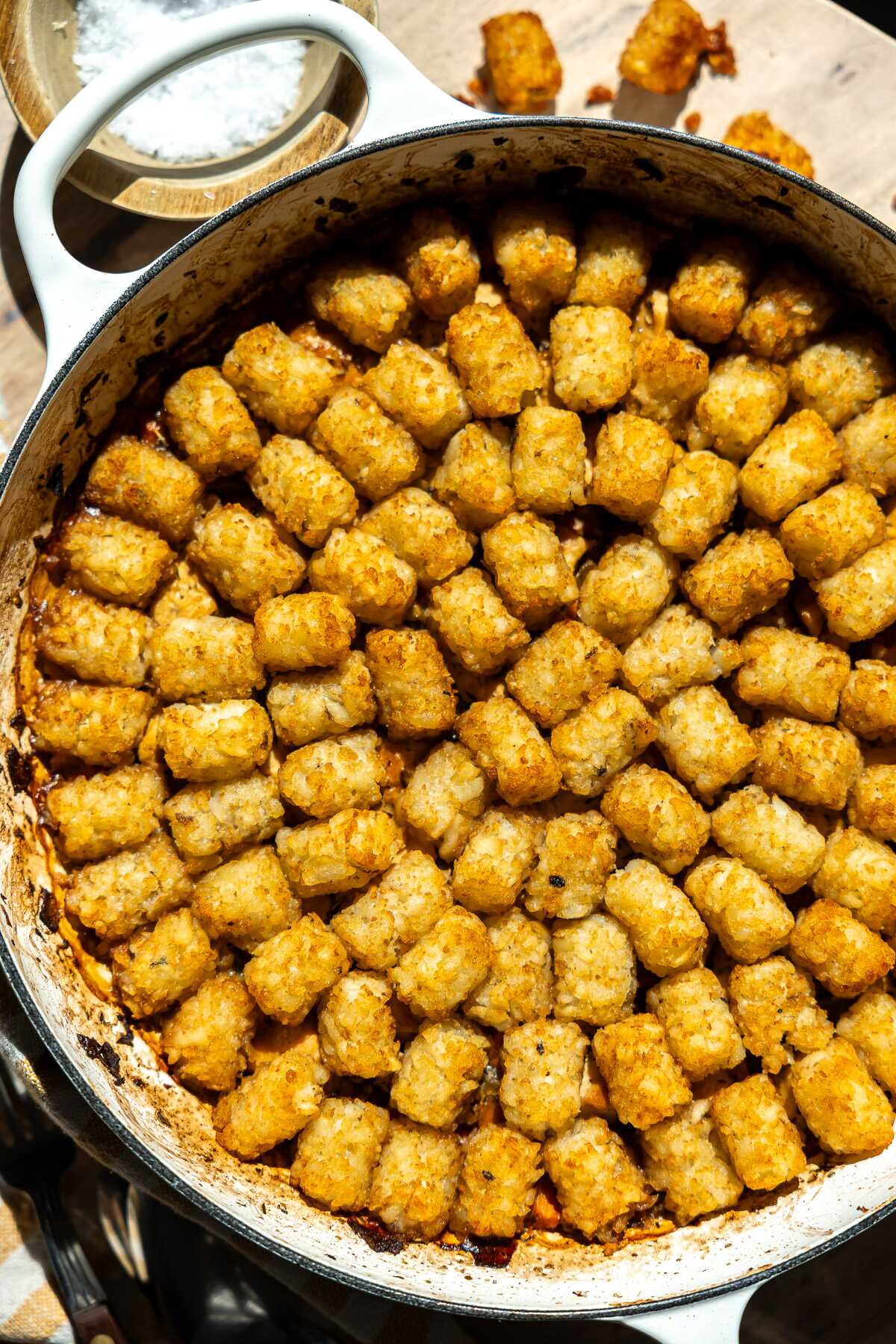 A golden brown dairy-free chicken tater tot casserole.