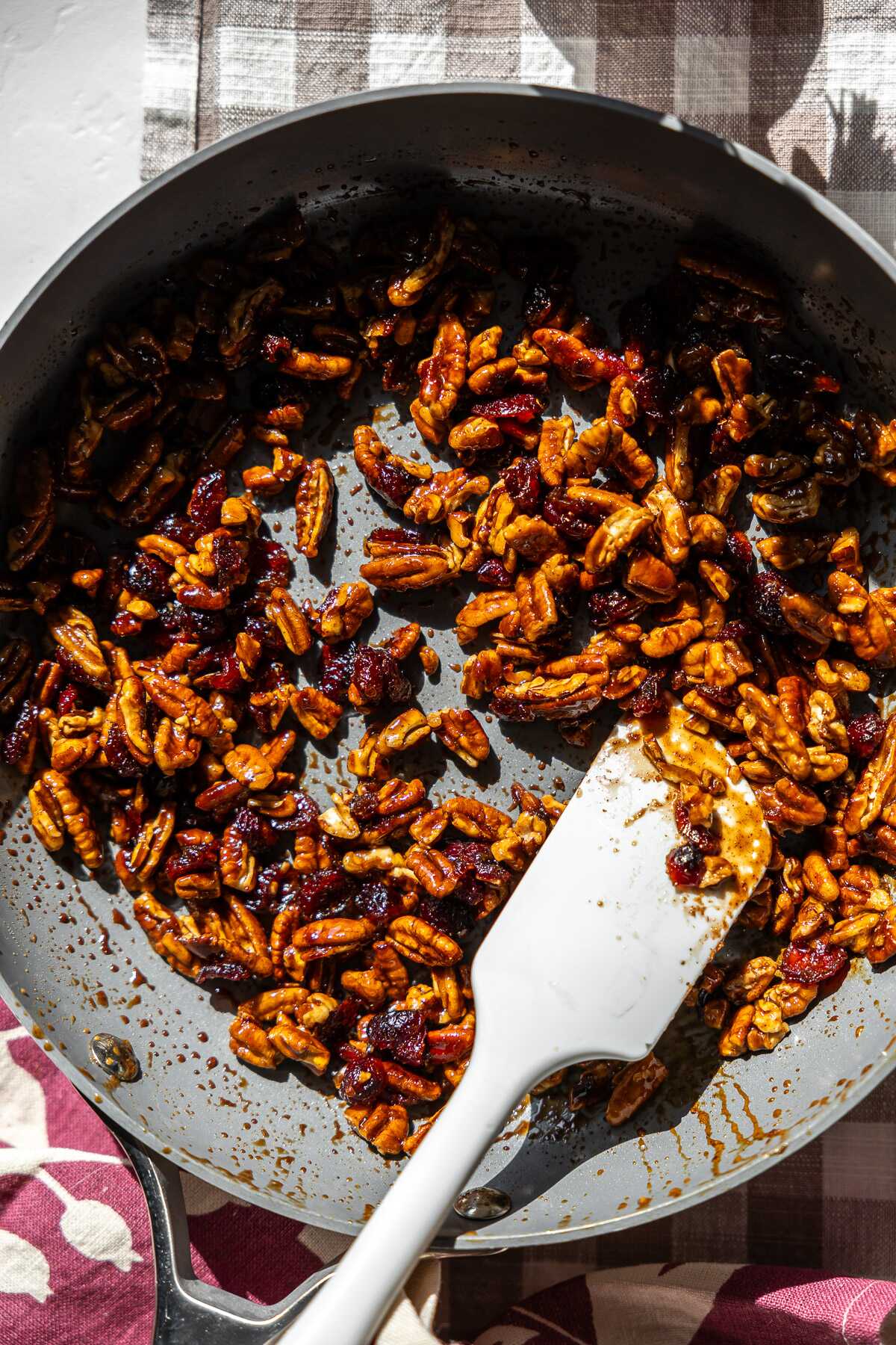 The cranberry pecan topping in a skillet for the butternut squash. 